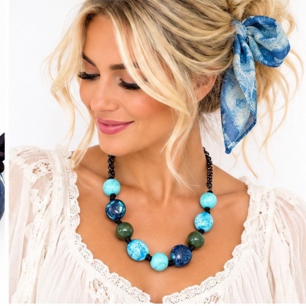 Artisan Hand Knotted Necklace Marbled Ocean Blue Oversized Beads Gunmetal Chain